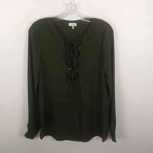 Tobi Army Green Lace Up Sheer Long Sleeve Blouse Women's Size Small
